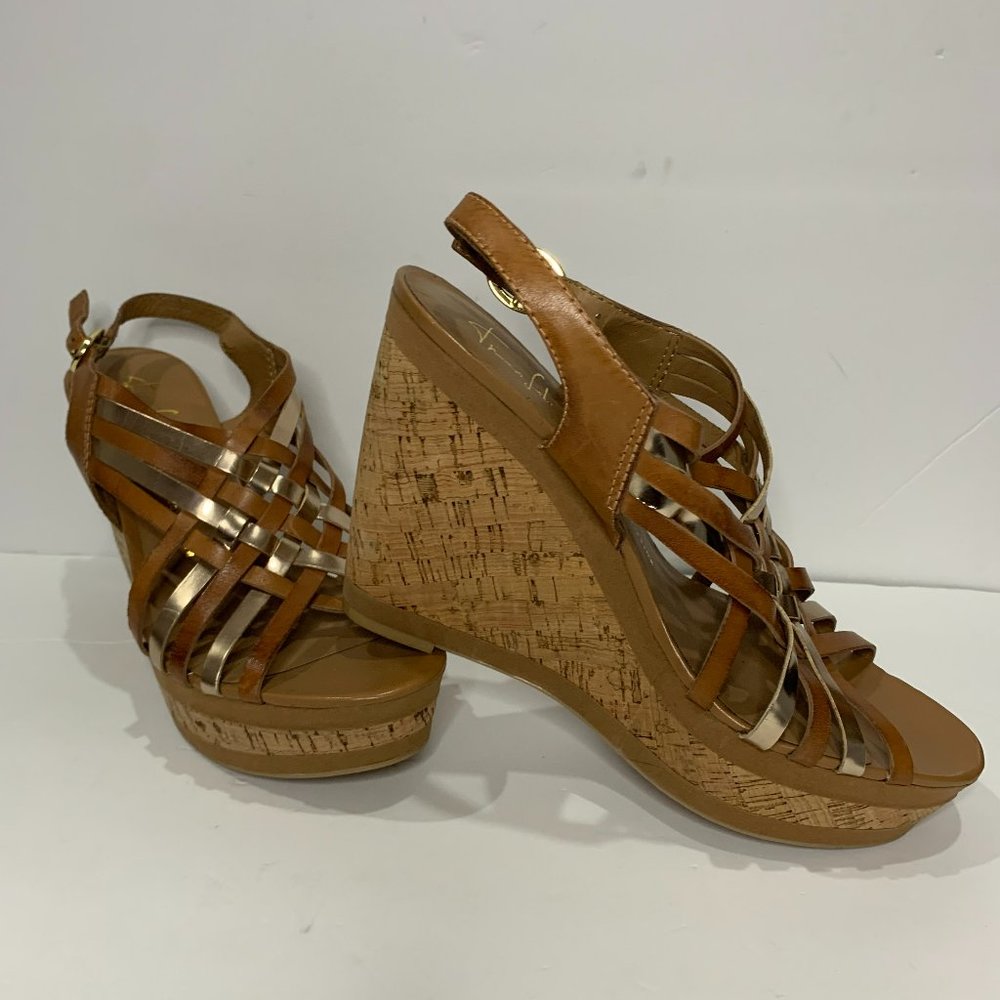BROWN AND GOLDFranco Sarto Cork Wedge Sandal SIZE 10